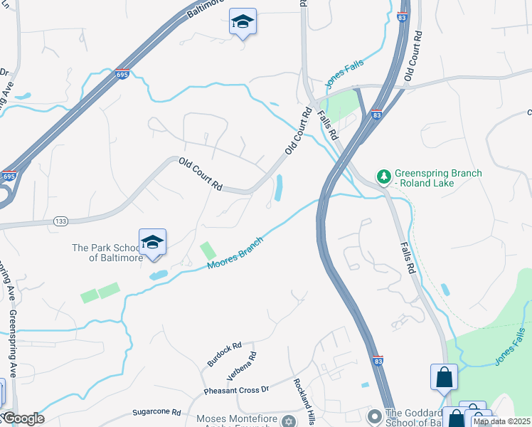 map of restaurants, bars, coffee shops, grocery stores, and more near 2331 Old Court Road in Baltimore