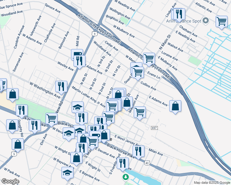 map of restaurants, bars, coffee shops, grocery stores, and more near 23 Lake Place in Pleasantville