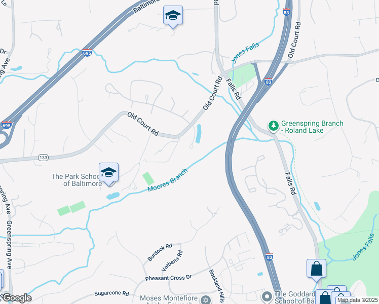 map of restaurants, bars, coffee shops, grocery stores, and more near 2331 Old Court Road in Pikesville