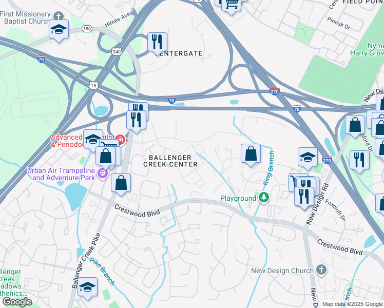 map of restaurants, bars, coffee shops, grocery stores, and more near 607 Hollowstone Road in Frederick