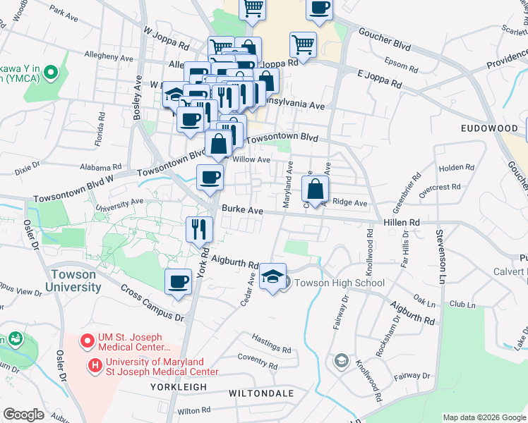 map of restaurants, bars, coffee shops, grocery stores, and more near Burke Avenue in Baltimore