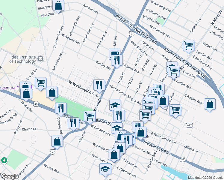 map of restaurants, bars, coffee shops, grocery stores, and more near 7 North 4th Street in Pleasantville