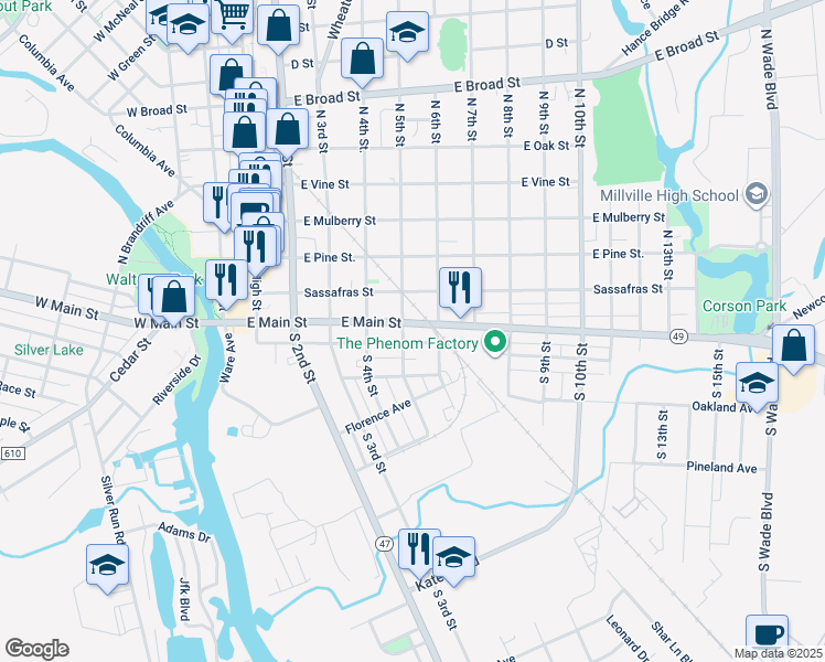 map of restaurants, bars, coffee shops, grocery stores, and more near 425 Smith Street in Millville