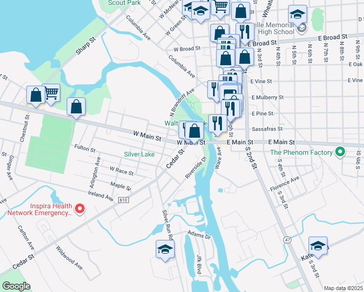 map of restaurants, bars, coffee shops, grocery stores, and more near 30 Cedar Street in Millville