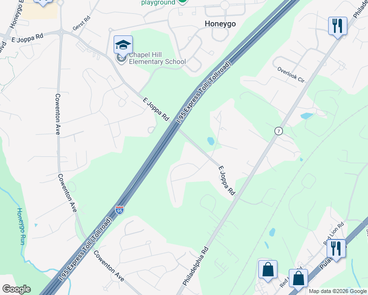 map of restaurants, bars, coffee shops, grocery stores, and more near 5415 East Joppa Road in Perry Hall