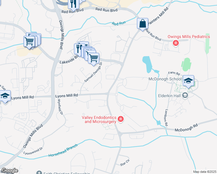 map of restaurants, bars, coffee shops, grocery stores, and more near 4502 Painters Mill Road in Owings Mills