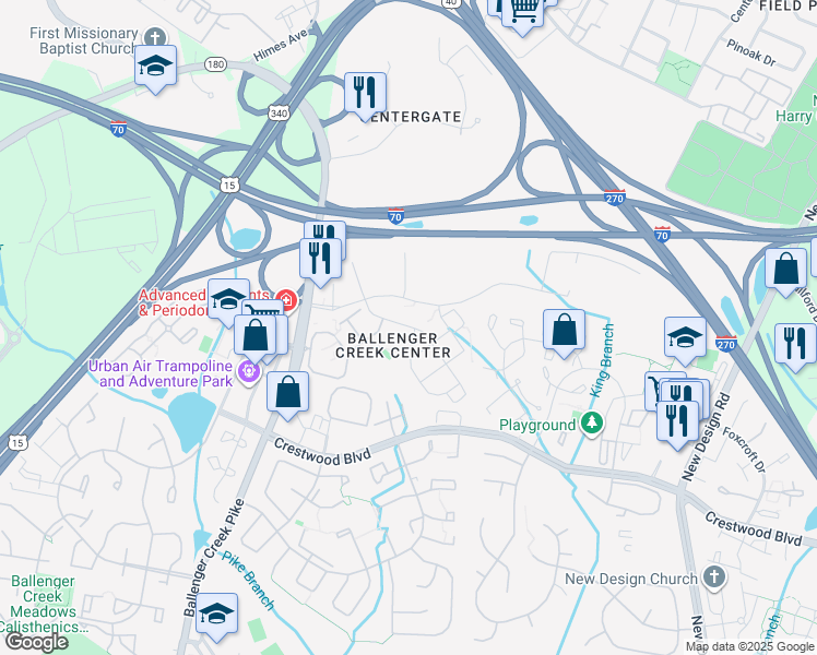 map of restaurants, bars, coffee shops, grocery stores, and more near 595 Cawley Drive in Frederick