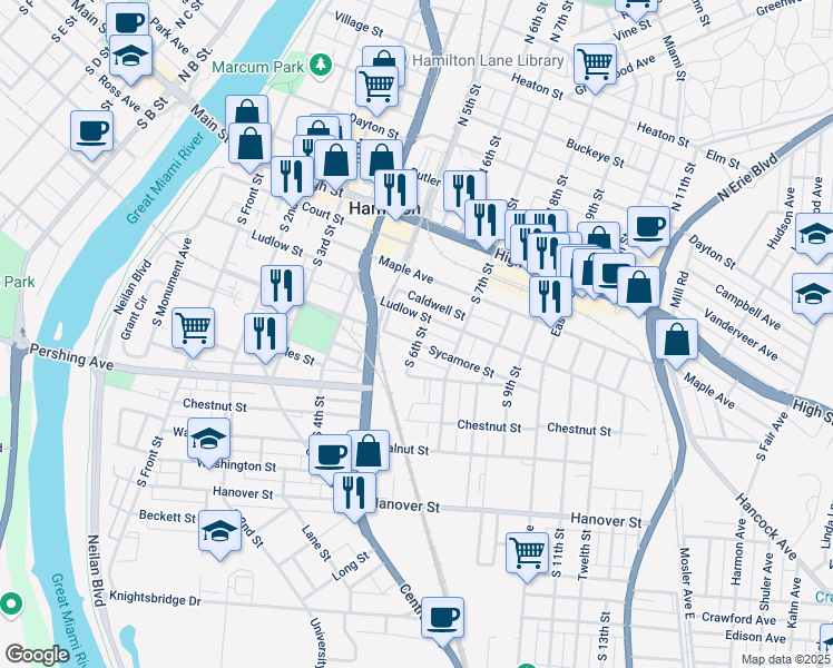 map of restaurants, bars, coffee shops, grocery stores, and more near 321 South 6th Street in Hamilton