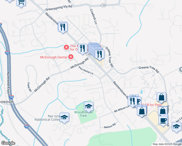 map of restaurants, bars, coffee shops, grocery stores, and more near 9000 Iron Horse Lane in Pikesville
