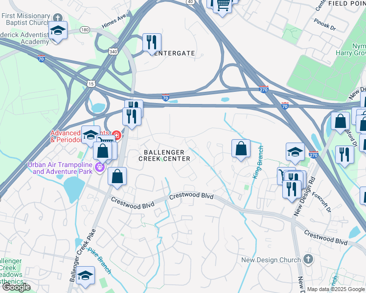 map of restaurants, bars, coffee shops, grocery stores, and more near 599 Cawley Drive in Frederick
