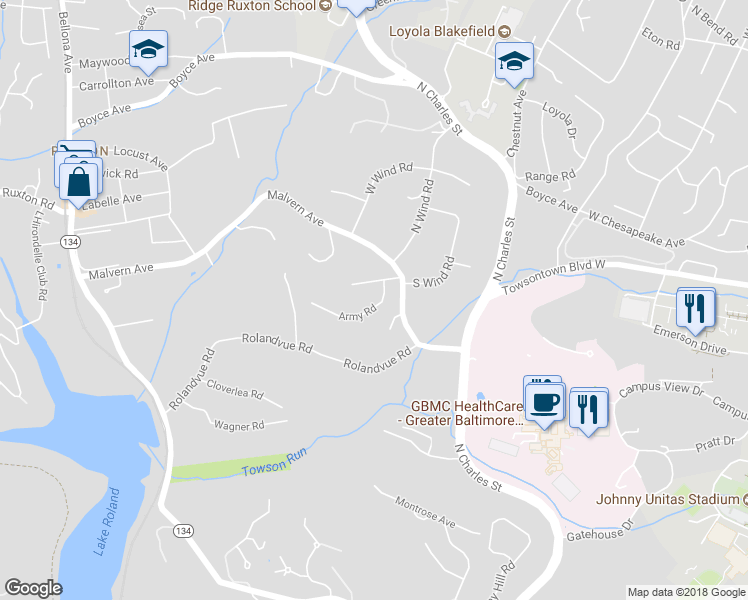 map of restaurants, bars, coffee shops, grocery stores, and more near 908 Army Road in Towson