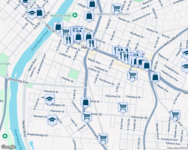 map of restaurants, bars, coffee shops, grocery stores, and more near 535 Sycamore Street in Hamilton
