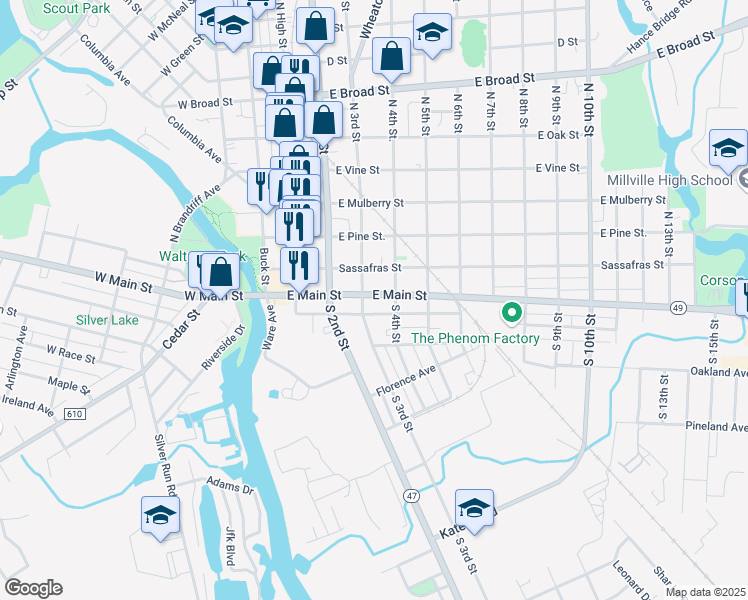map of restaurants, bars, coffee shops, grocery stores, and more near 106 South 4th Street in Millville