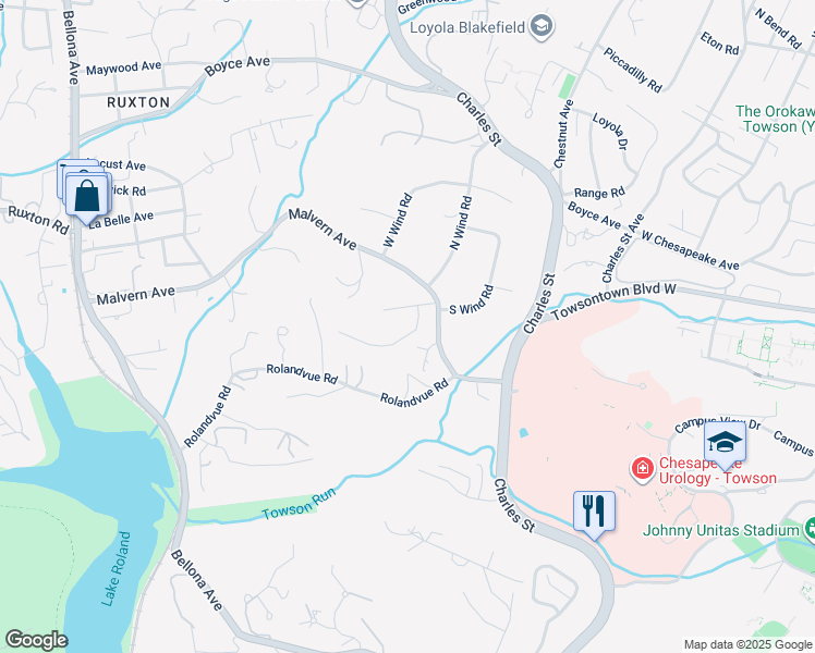 map of restaurants, bars, coffee shops, grocery stores, and more near 908 Army Road in Towson