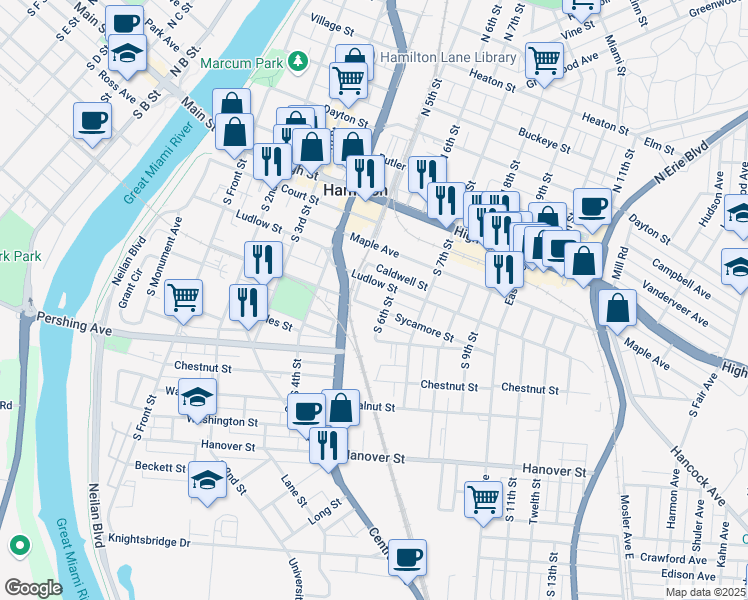 map of restaurants, bars, coffee shops, grocery stores, and more near 535 Sycamore Street in Hamilton