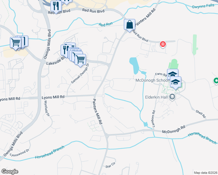 map of restaurants, bars, coffee shops, grocery stores, and more near 4515 Painters Mill Road in Owings Mills