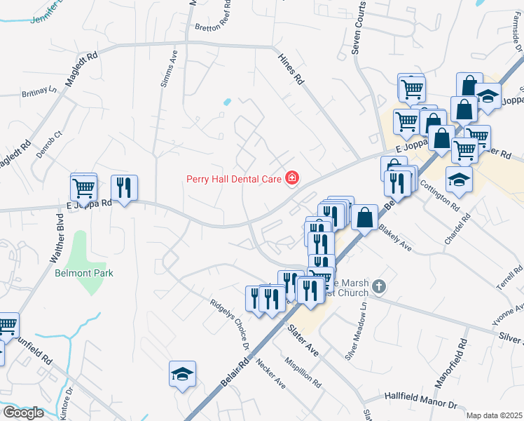 map of restaurants, bars, coffee shops, grocery stores, and more near 3820 East Joppa Road in Nottingham