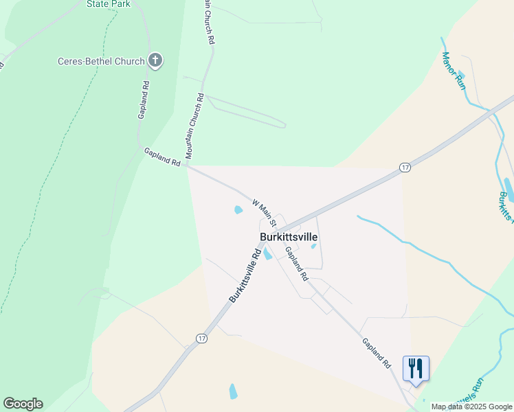 map of restaurants, bars, coffee shops, grocery stores, and more near 106 West Main Street in Burkittsville