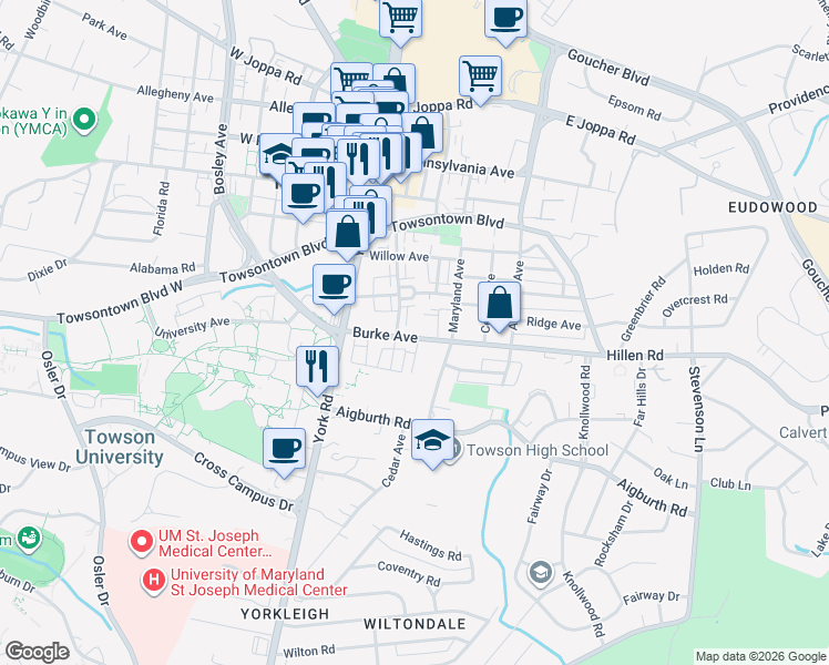 map of restaurants, bars, coffee shops, grocery stores, and more near 34 East Burke Avenue in Towson