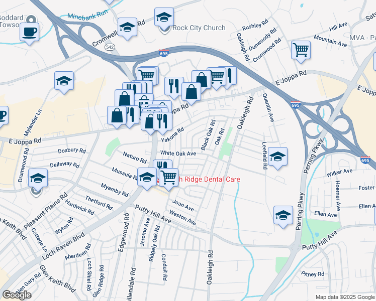 map of restaurants, bars, coffee shops, grocery stores, and more near 1710 White Oak Avenue in Parkville