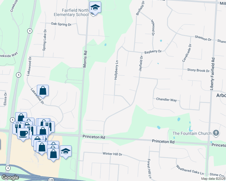 map of restaurants, bars, coffee shops, grocery stores, and more near 6401 Hollyberry Lane in Hamilton