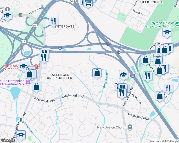 map of restaurants, bars, coffee shops, grocery stores, and more near 5795 Fringetree Court in Frederick