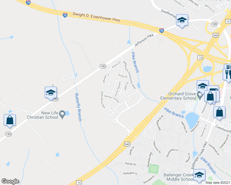 map of restaurants, bars, coffee shops, grocery stores, and more near 6135 Margarita Way in Frederick