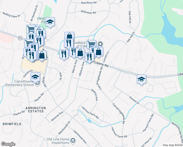map of restaurants, bars, coffee shops, grocery stores, and more near 2021 Rudy Serra Drive in Eldersburg