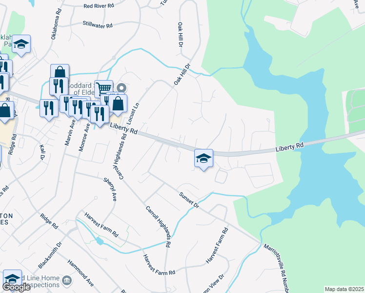 map of restaurants, bars, coffee shops, grocery stores, and more near 6514 Ridenour Way East in Sykesville
