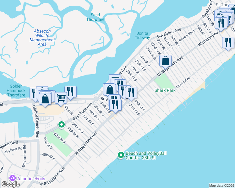 map of restaurants, bars, coffee shops, grocery stores, and more near 3005 Revere Boulevard in Brigantine