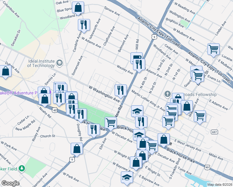map of restaurants, bars, coffee shops, grocery stores, and more near 16 Ireland Avenue in Pleasantville