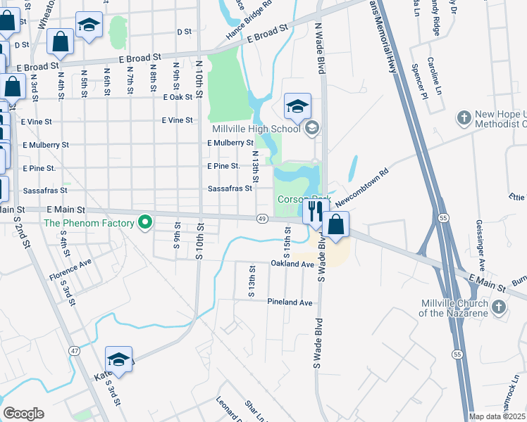 map of restaurants, bars, coffee shops, grocery stores, and more near 13 North 13th Street in Millville