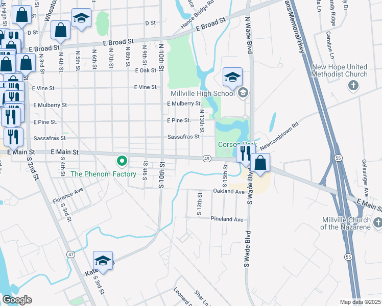 map of restaurants, bars, coffee shops, grocery stores, and more near 10 North 12th Street in Millville