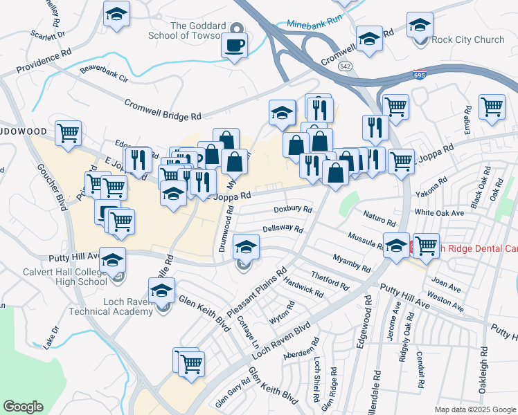 map of restaurants, bars, coffee shops, grocery stores, and more near 1522 Doxbury Road in Towson