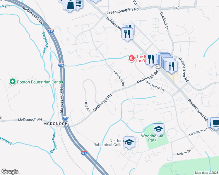 map of restaurants, bars, coffee shops, grocery stores, and more near 8042 Upperfield Lane in Owings Mills