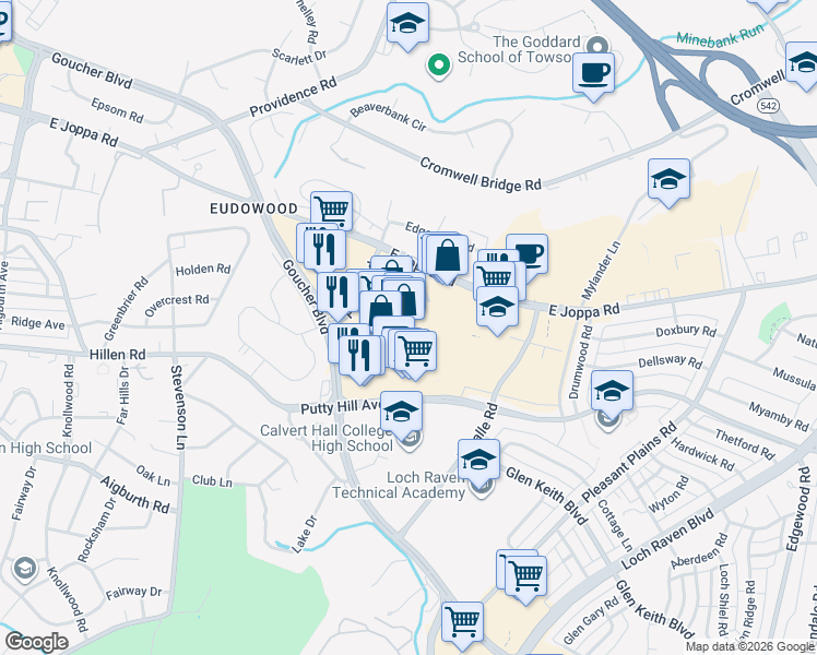 map of restaurants, bars, coffee shops, grocery stores, and more near 1238 Putty Hill Avenue in Towson