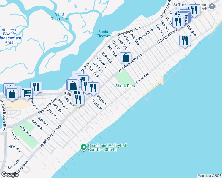 map of restaurants, bars, coffee shops, grocery stores, and more near 300 27th Street South in Brigantine