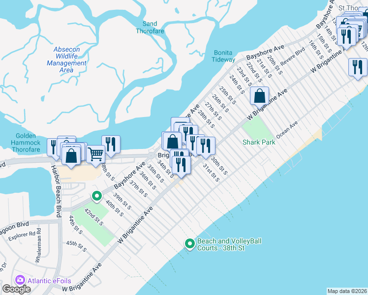 map of restaurants, bars, coffee shops, grocery stores, and more near 3005 Revere Boulevard in Brigantine