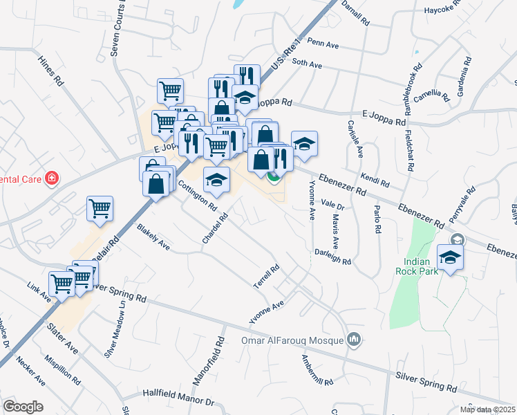 map of restaurants, bars, coffee shops, grocery stores, and more near 3800 Meghan Drive in Baltimore