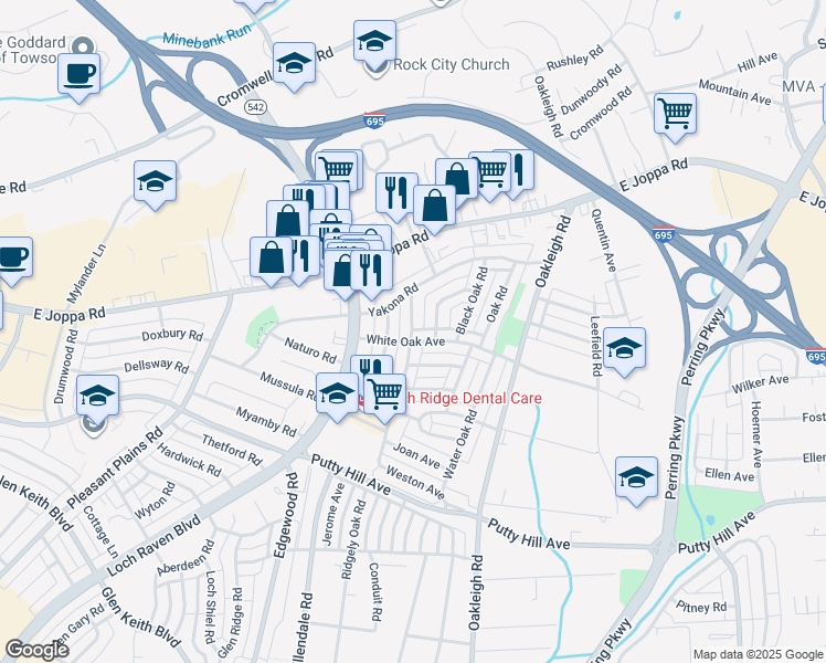 map of restaurants, bars, coffee shops, grocery stores, and more near 8619 Willow Oak Road in Parkville
