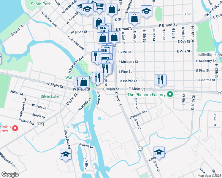 map of restaurants, bars, coffee shops, grocery stores, and more near in Millville