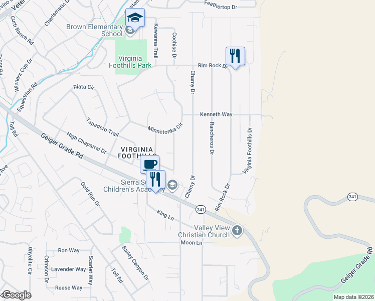 map of restaurants, bars, coffee shops, grocery stores, and more near 14545 Chamy Drive in Reno