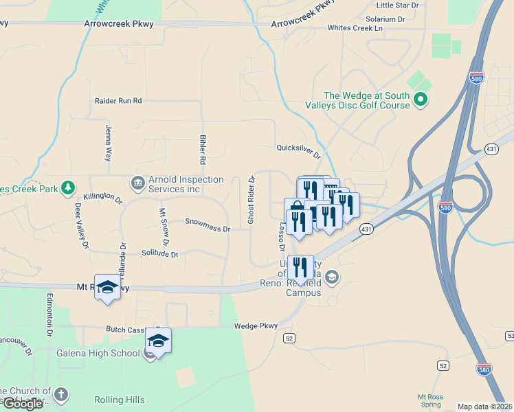 map of restaurants, bars, coffee shops, grocery stores, and more near 14330 Ghost Rider Drive in Reno