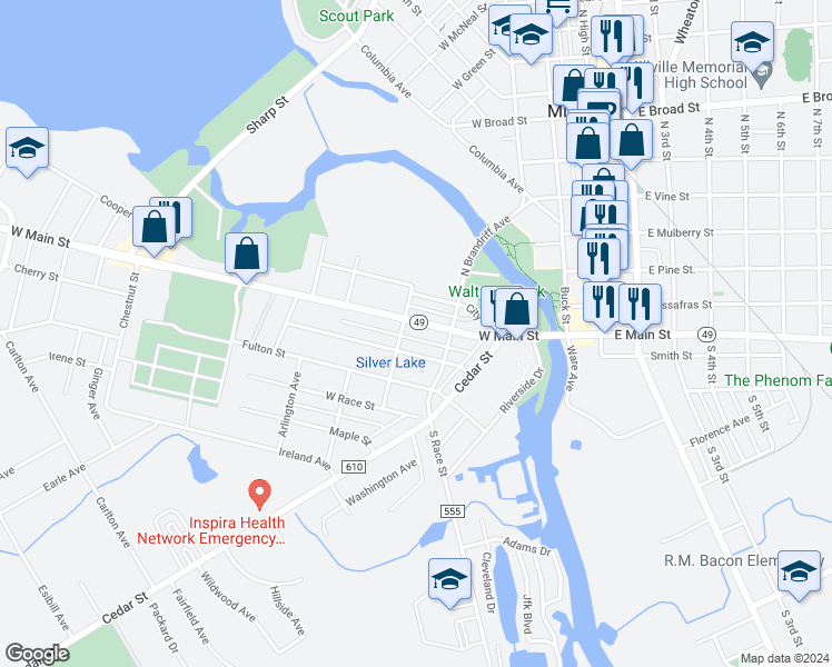 map of restaurants, bars, coffee shops, grocery stores, and more near 220 West Main Street in Millville