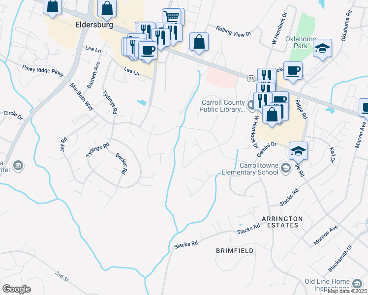 map of restaurants, bars, coffee shops, grocery stores, and more near 6544 Bonnie Brae Road in Sykesville