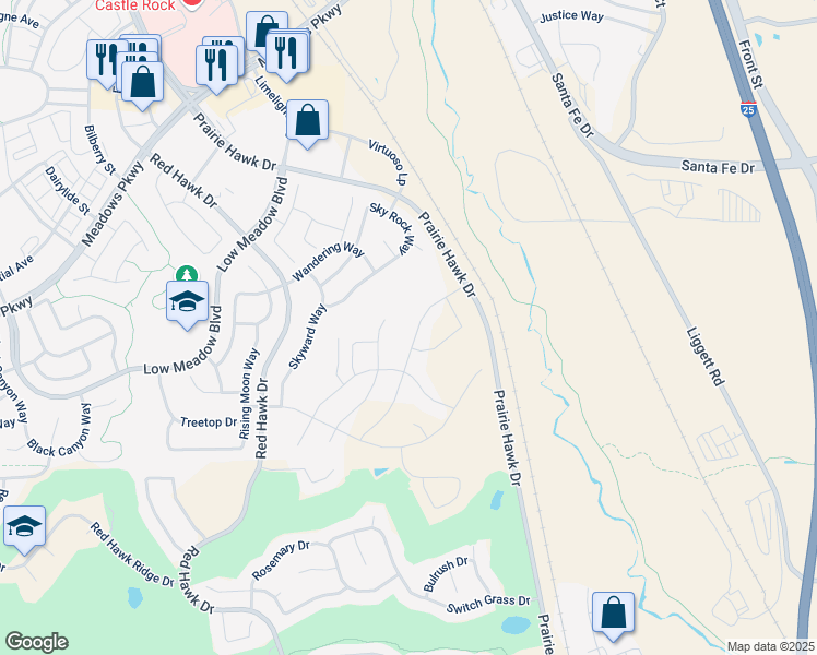 map of restaurants, bars, coffee shops, grocery stores, and more near 3095 Morningbird Lane in Castle Rock