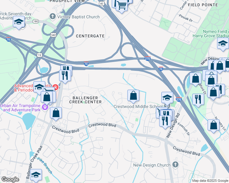 map of restaurants, bars, coffee shops, grocery stores, and more near 5846 Katsura Court in Frederick