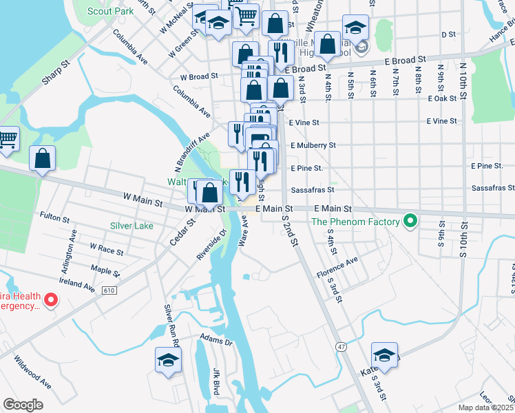 map of restaurants, bars, coffee shops, grocery stores, and more near 28 North High Street in Millville