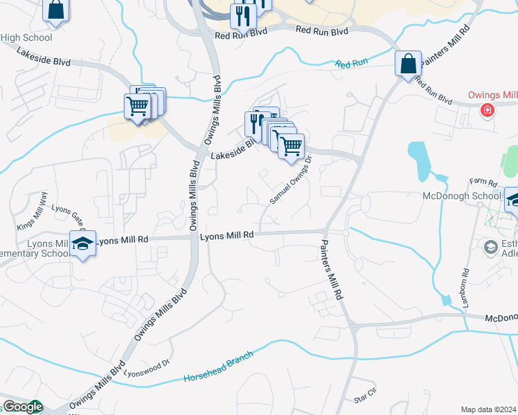 map of restaurants, bars, coffee shops, grocery stores, and more near 9201 Murillo Court in Owings Mills