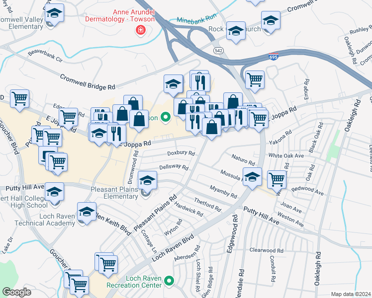 map of restaurants, bars, coffee shops, grocery stores, and more near 1570 Doxbury Road in Towson